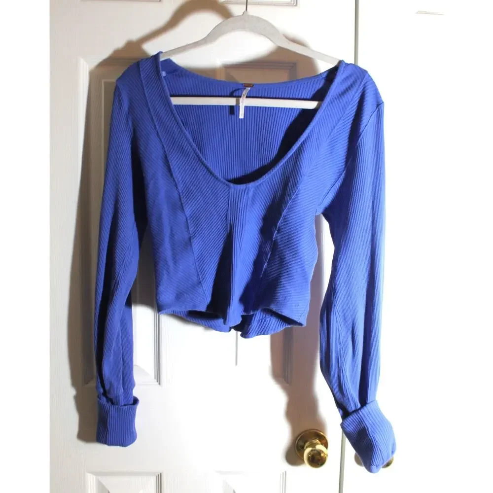 Free People Petra Blue Rib Knit Y2K Bustier Style Top  sz L